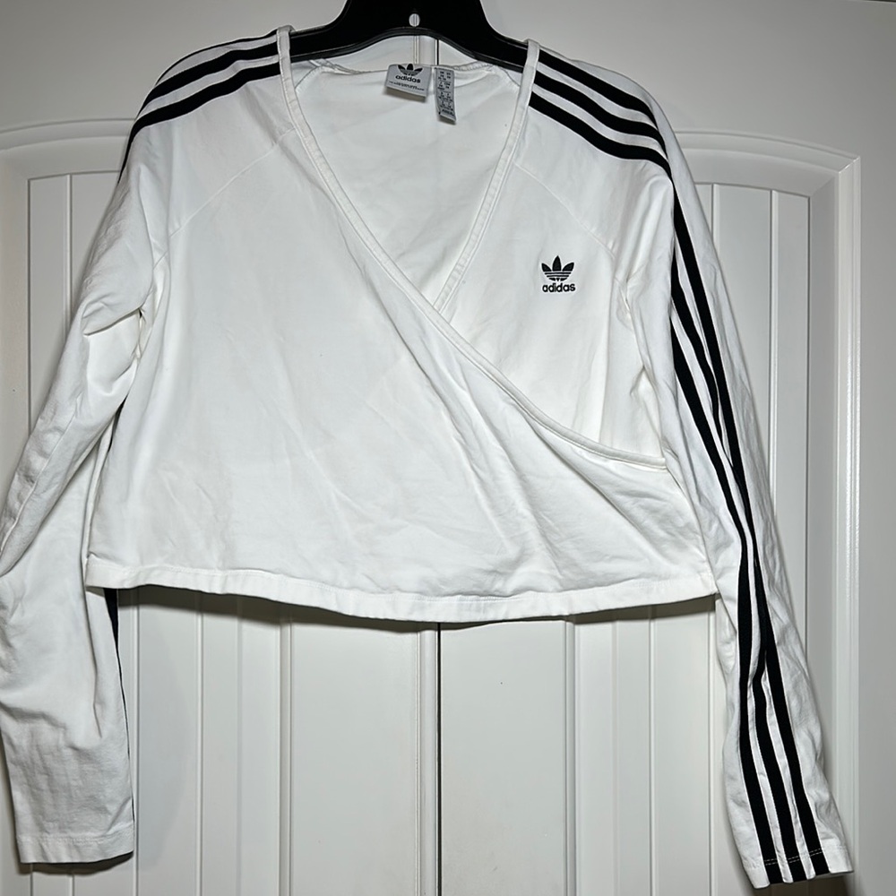 Adidas White Long Sleeve Top with Black Stripes